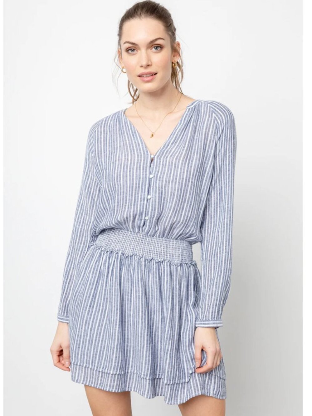 Rails Jasmine Linen Dress Tibet Stripe Blue White Smocked Waist Tiered Mini NWT